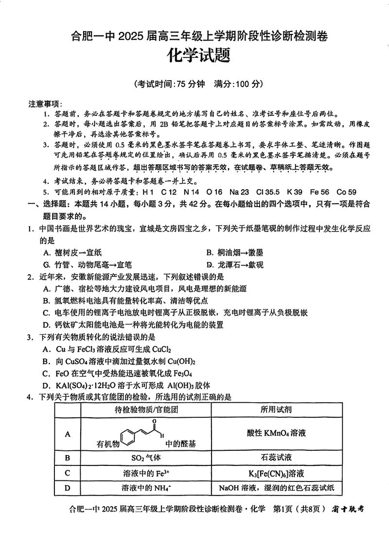 安徽省十联考合肥一中2025届高三上学期阶段性诊断检测化学试题及答案
