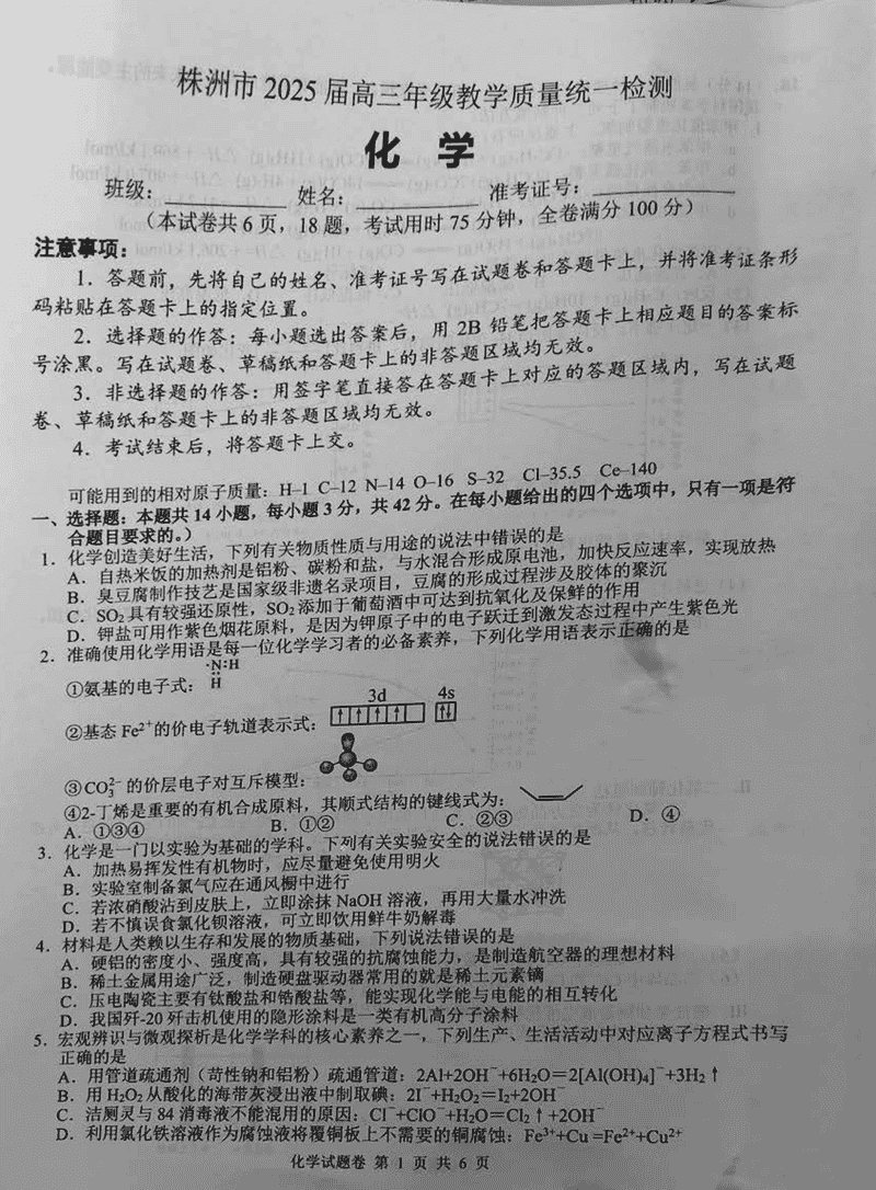 株洲一模2025届高三上教学质量统测化学试题及答案
