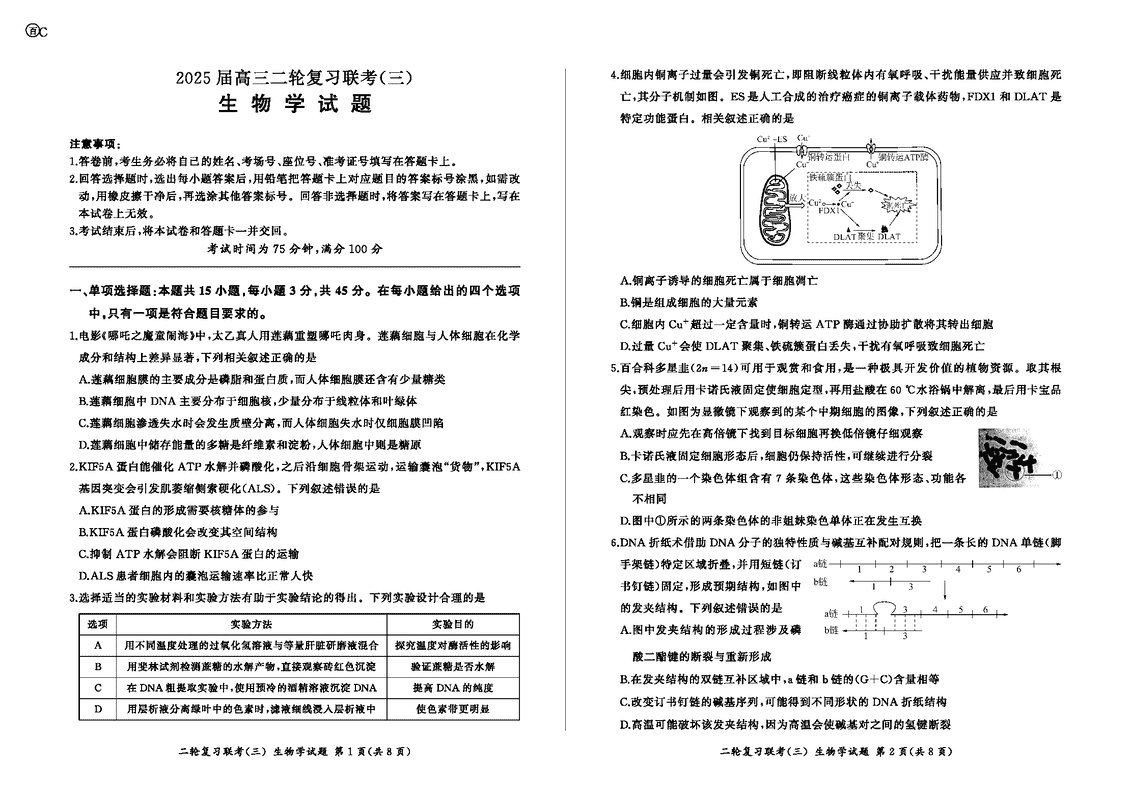 安徽百师联盟2025届高三二轮复习联考（三）生物试题及答案