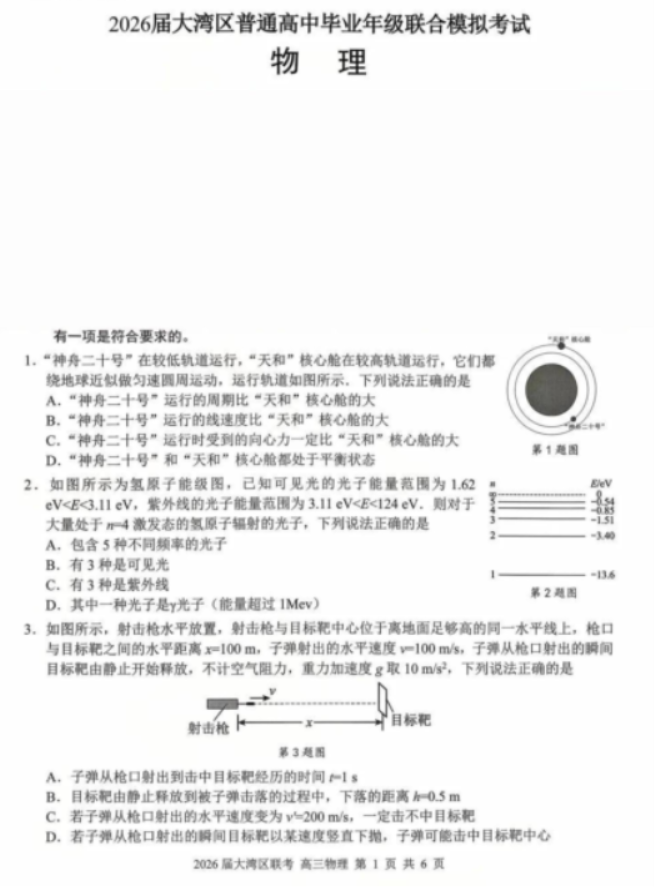 广东省大湾区2026届高三上学期10月联考物理试题及答案